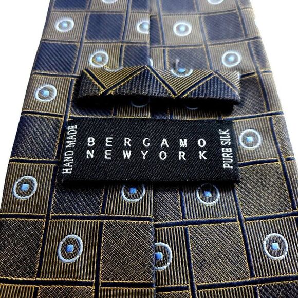 Bergamo New York Woven Brown Blue Geometric Wide Silk Tie - Picture 3 of 6